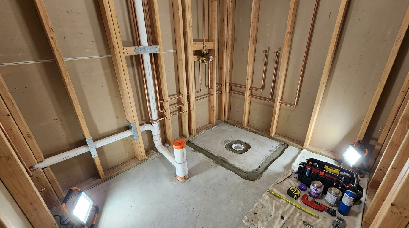 Bathroom rough-in plumbing during remodel by Johns Plumbing LLC in Langdon