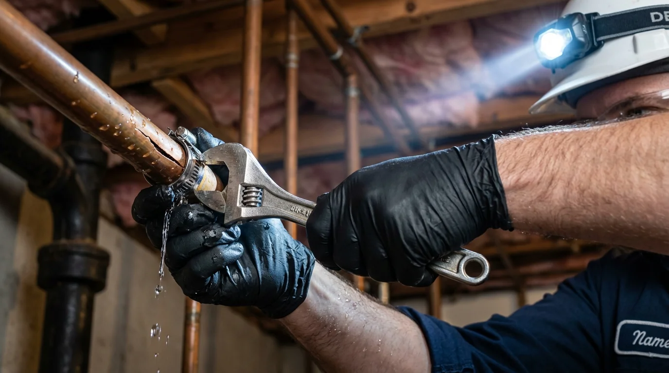 Emergency pipe clamp repair being performed by a Johns Plumbing LLC plumber in Langdon