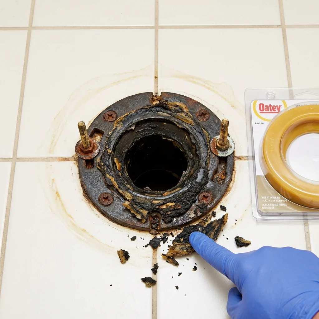 Failed wax ring showing water seepage at the base of a toilet in a Langdon, ND home