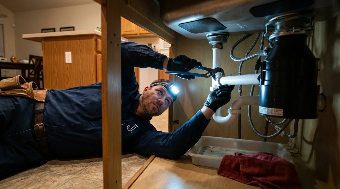 P-trap and supply line connections under a kitchen sink showing a common leak point in Langdon, ND